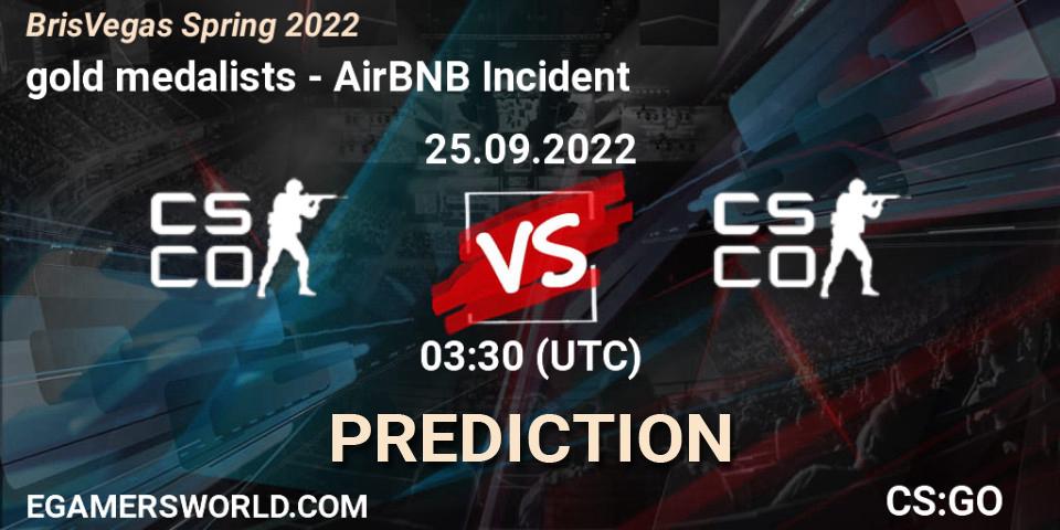 Pronósticos gold medalists - AirBNB Incident. 25.09.2022 at 03:30. BrisVegas Spring 2022 - Counter-Strike (CS2)