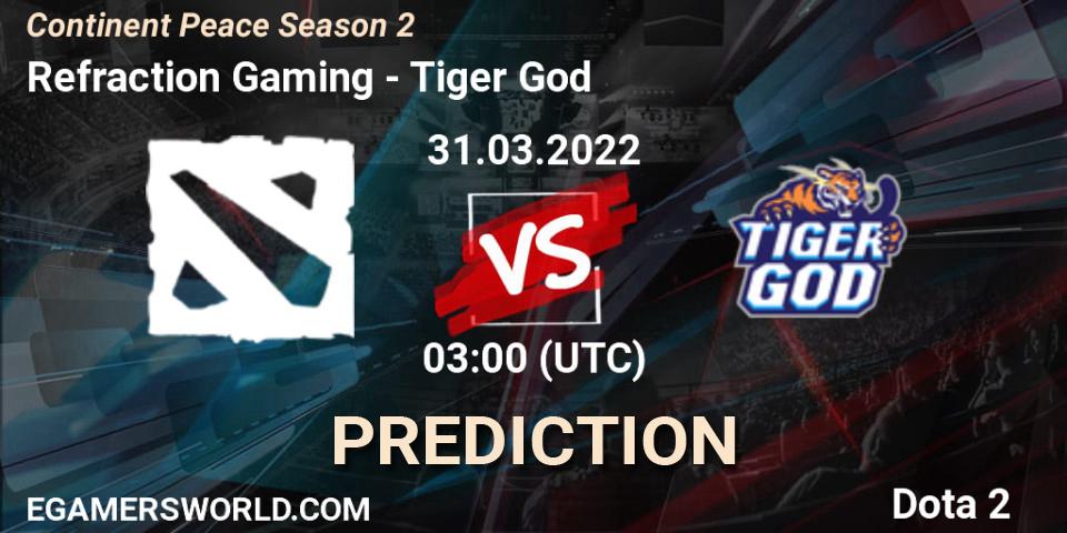 Pronósticos Refraction Gaming - Tiger God. 31.03.2022 at 03:15. Continent Peace Season 2 - Dota 2