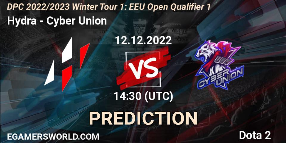 Pronósticos Hydra - Cyber Union. 12.12.2022 at 14:29. DPC 2022/2023 Winter Tour 1: EEU Open Qualifier 1 - Dota 2
