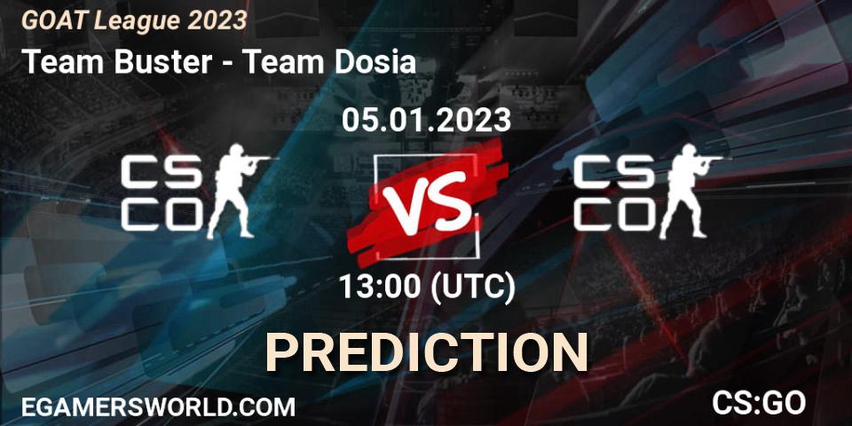 Pronósticos Team Buster - Team Dosia. 05.01.2023 at 13:00. GOAT League 2023 - Counter-Strike (CS2)