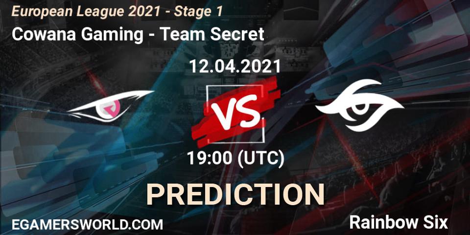 Pronósticos Cowana Gaming - Team Secret. 12.04.2021 at 21:00. European League 2021 - Stage 1 - Rainbow Six