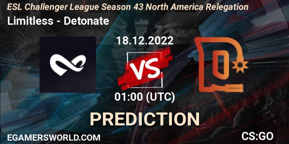 Pronósticos Limitless - Detonate. 18.12.2022 at 01:00. ESL Challenger League Season 43 North America Relegation - Counter-Strike (CS2)