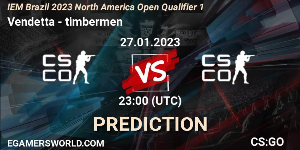 Pronósticos Vendetta - timbermen. 27.01.2023 at 23:00. IEM Brazil Rio 2023 North America Open Qualifier 1 - Counter-Strike (CS2)