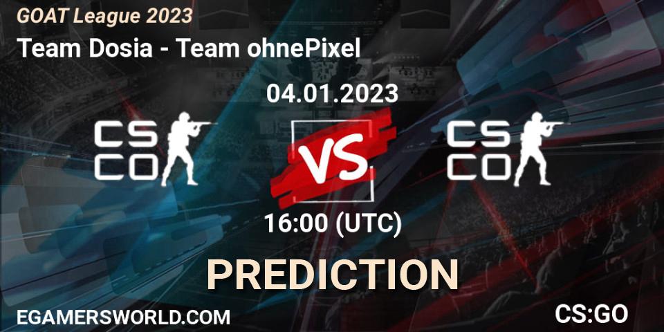 Pronósticos Team Dosia - Team ohnePixel. 04.01.2023 at 16:00. GOAT League 2023 - Counter-Strike (CS2)