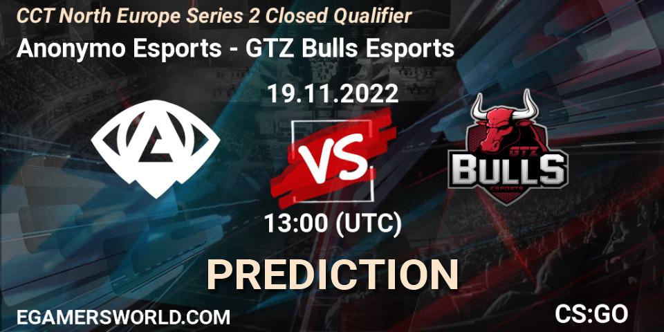 Pronósticos Anonymo Esports - GTZ Bulls Esports. 19.11.2022 at 13:00. CCT North Europe Series 2 Closed Qualifier - Counter-Strike (CS2)