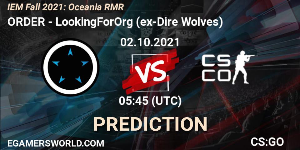 Pronósticos ORDER - LookingForOrg (ex-Dire Wolves). 02.10.2021 at 05:45. IEM Fall 2021: Oceania RMR - Counter-Strike (CS2)