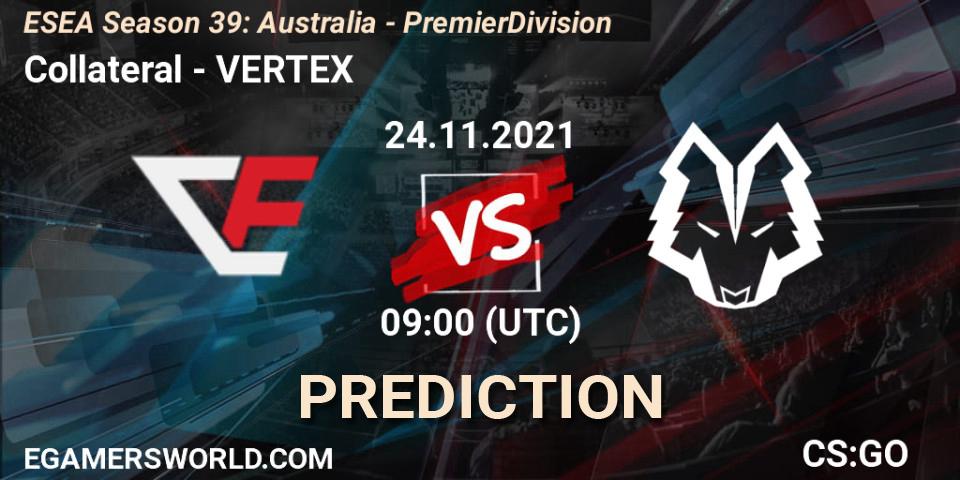 Pronósticos Collateral - VERTEX. 24.11.2021 at 09:00. ESEA Season 39: Australia - Premier Division - Counter-Strike (CS2)