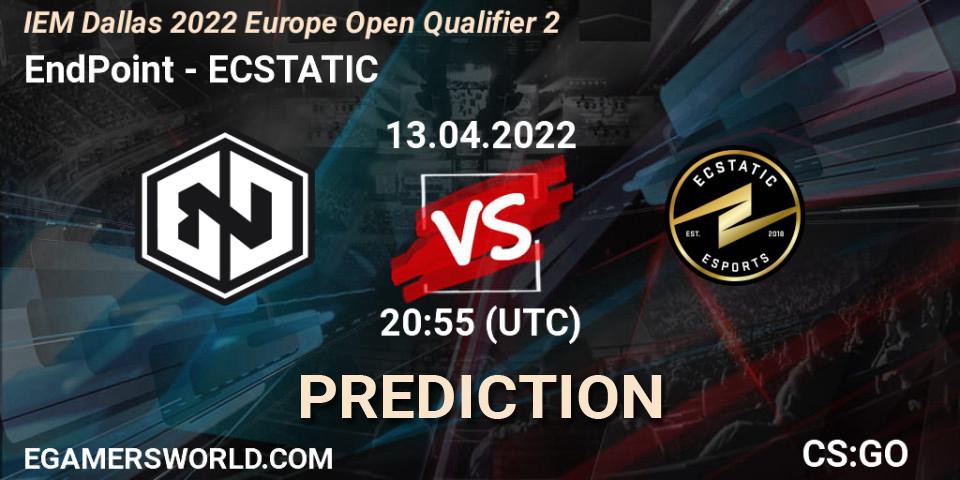 Pronósticos EndPoint - ECSTATIC. 13.04.2022 at 20:55. IEM Dallas 2022 Europe Open Qualifier 2 - Counter-Strike (CS2)