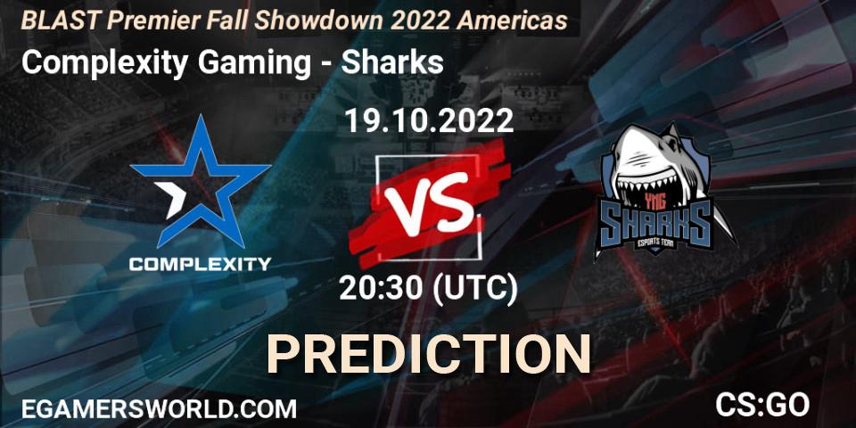 Pronósticos Complexity Gaming - Sharks. 19.10.2022 at 22:00. BLAST Premier Fall Showdown 2022 Americas - Counter-Strike (CS2)