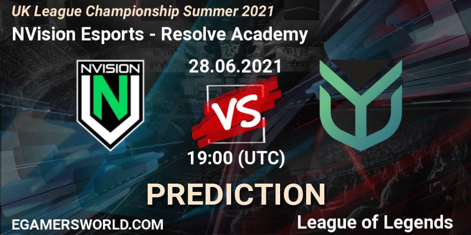 Pronósticos NVision Esports - Resolve Academy. 28.06.2021 at 19:00. UK League Championship Summer 2021 - LoL