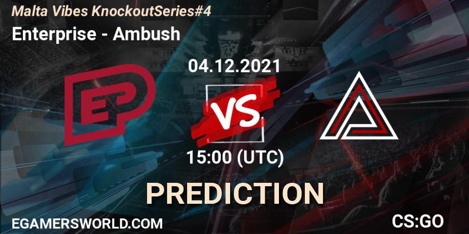 Pronósticos Enterprise - Ambush. 04.12.2021 at 15:00. Malta Vibes Knockout Series #4 - Counter-Strike (CS2)