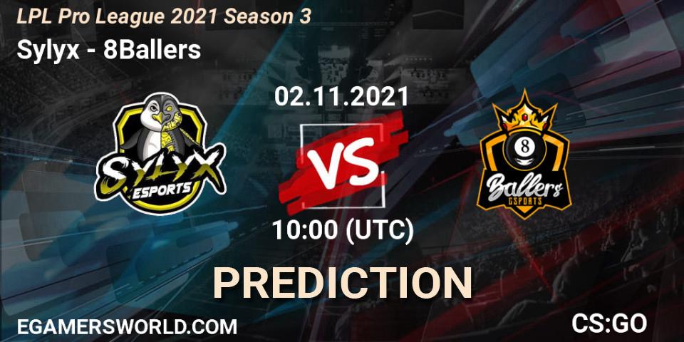 Pronósticos Sylyx - 8Ballers. 02.11.2021 at 10:00. LPL Pro League 2021 Season 3 - Counter-Strike (CS2)