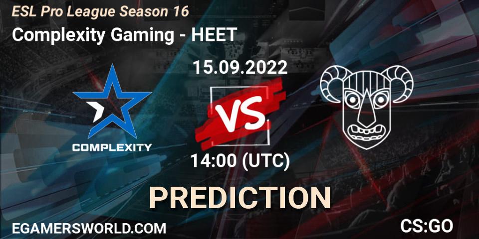 Pronósticos Complexity Gaming - HEET. 15.09.2022 at 14:00. ESL Pro League Season 16 - Counter-Strike (CS2)