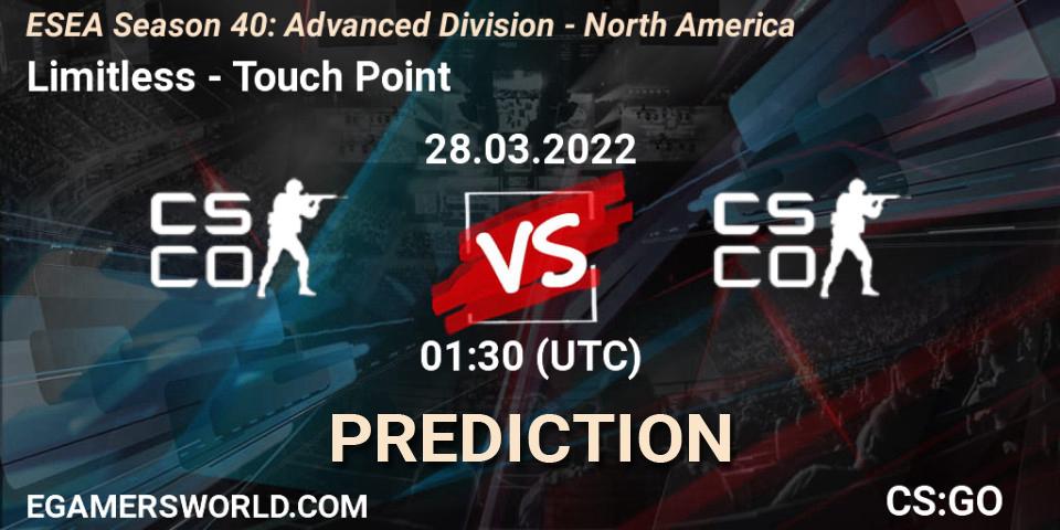 Pronósticos Limitless - Touch Point. 27.03.2022 at 23:20. ESEA Season 40: Advanced Division - North America - Counter-Strike (CS2)