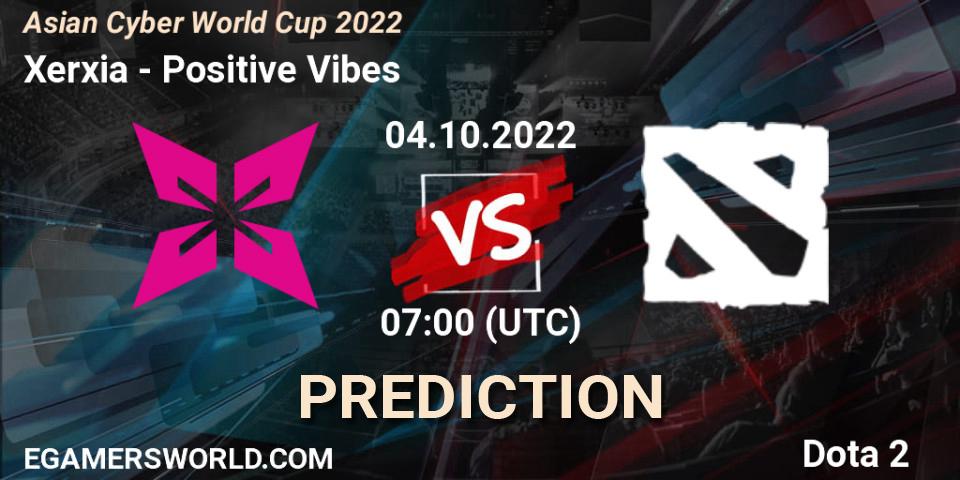 Pronósticos Xerxia - Positive Vibes. 04.10.2022 at 07:06. Asian Cyber World Cup 2022 - Dota 2