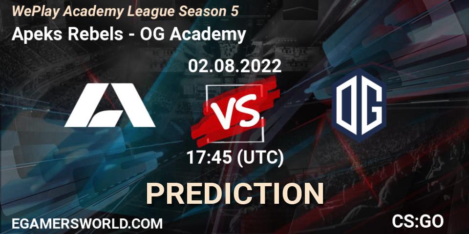 Pronósticos Apeks Rebels - OG Academy. 02.08.2022 at 17:20. WePlay Academy League Season 5 - Counter-Strike (CS2)