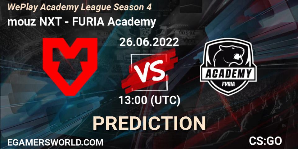 Pronósticos mouz NXT - FURIA Academy. 26.06.2022 at 13:00. WePlay Academy League Season 4 - Counter-Strike (CS2)