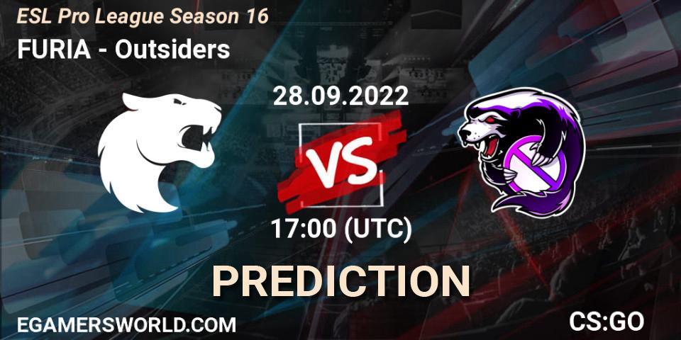 Pronósticos FURIA - Outsiders. 28.09.2022 at 13:30. ESL Pro League Season 16 - Counter-Strike (CS2)