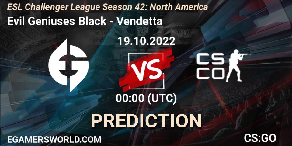 Pronósticos Evil Geniuses Black - Vendetta. 19.10.2022 at 00:00. ESL Challenger League Season 42: North America - Counter-Strike (CS2)