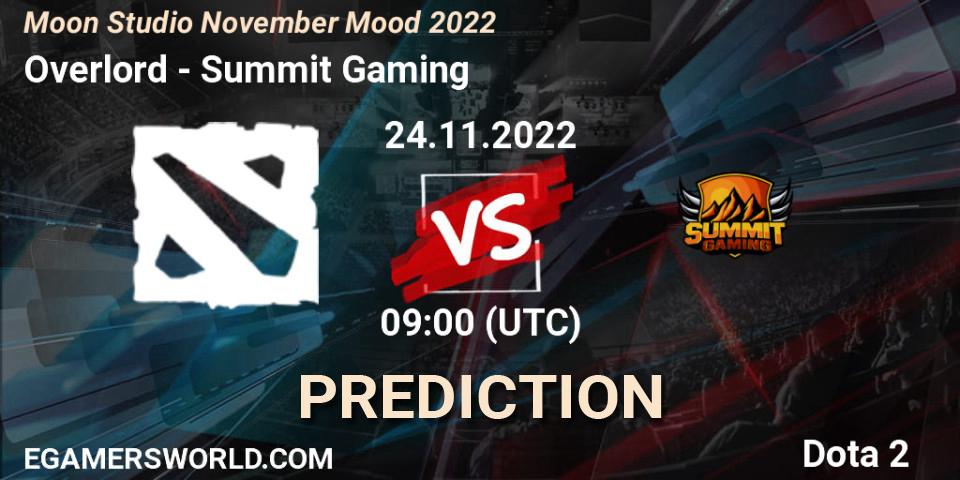 Pronósticos Overlord - Summit Gaming. 24.11.2022 at 09:06. Moon Studio November Mood 2022 - Dota 2