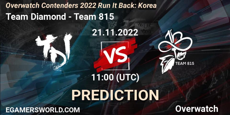 Pronósticos Team Diamond - Team 815. 21.11.2022 at 11:30. Overwatch Contenders 2022 Run It Back: Korea - Overwatch