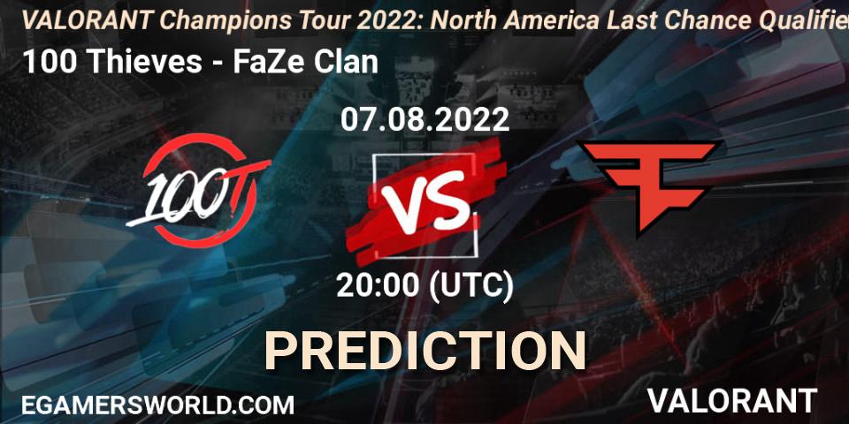 Pronósticos 100 Thieves - FaZe Clan. 07.08.2022 at 20:00. VCT 2022: North America Last Chance Qualifier - VALORANT