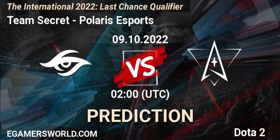 Pronósticos Team Secret - Polaris Esports. 09.10.2022 at 02:01. The International 2022: Last Chance Qualifier - Dota 2