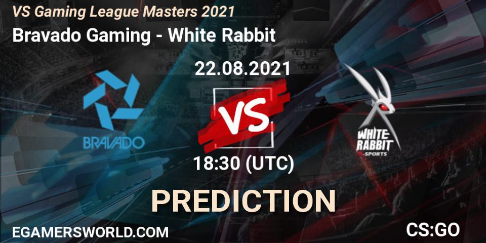 Pronósticos Bravado Gaming - White Rabbit. 22.08.2021 at 18:30. VS Gaming League Masters 2021 - Counter-Strike (CS2)