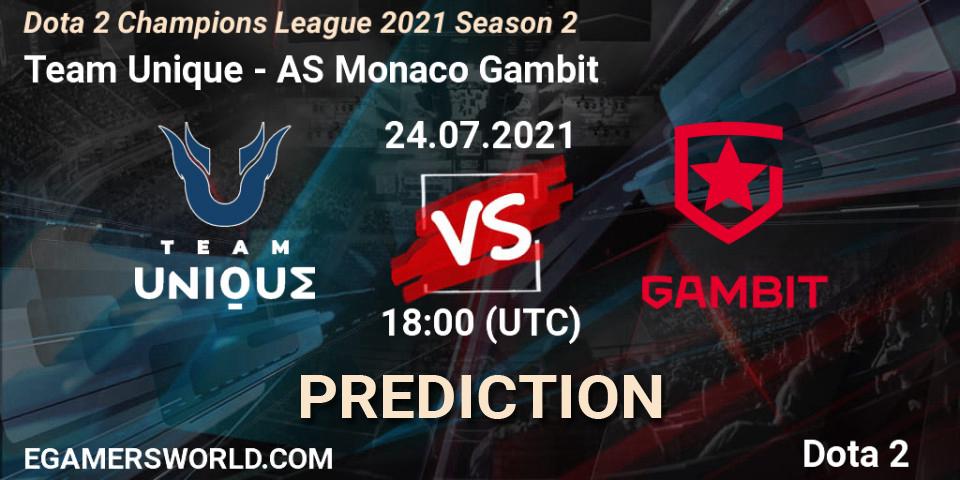 Pronósticos Team Unique - AS Monaco Gambit. 24.07.2021 at 18:05. Dota 2 Champions League 2021 Season 2 - Dota 2