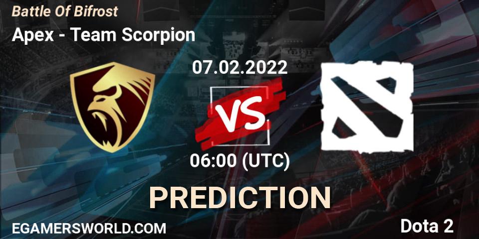 Pronósticos Apex - Team Scorpion. 07.02.2022 at 05:58. Battle Of Bifrost - Dota 2