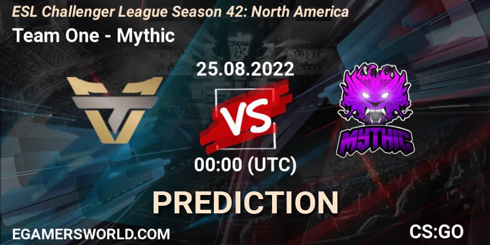 Pronósticos Team One - Mythic. 25.08.2022 at 00:00. ESL Challenger League Season 42: North America - Counter-Strike (CS2)