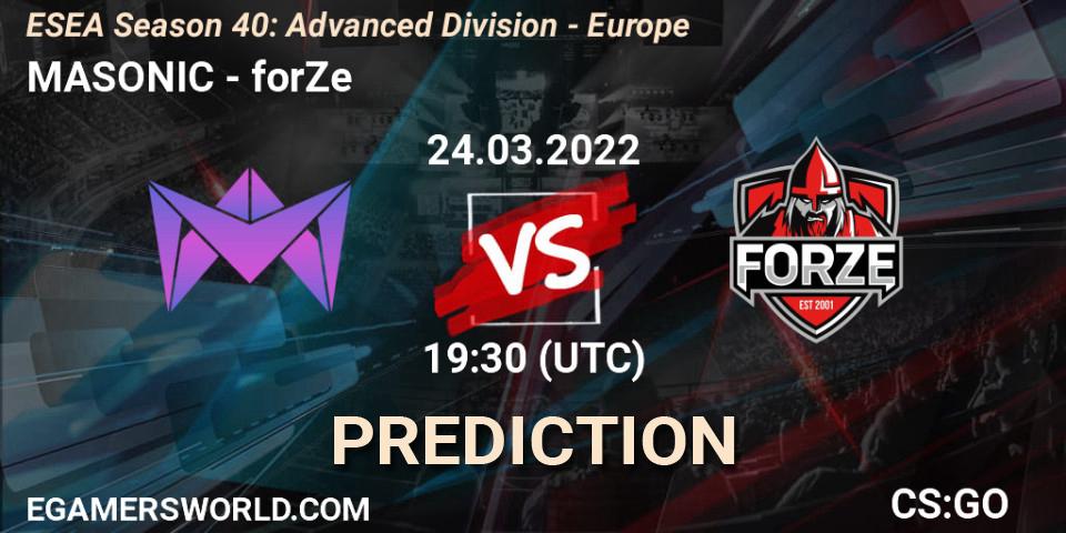 Pronósticos MASONIC - forZe. 25.03.2022 at 18:00. ESEA Season 40: Advanced Division - Europe - Counter-Strike (CS2)