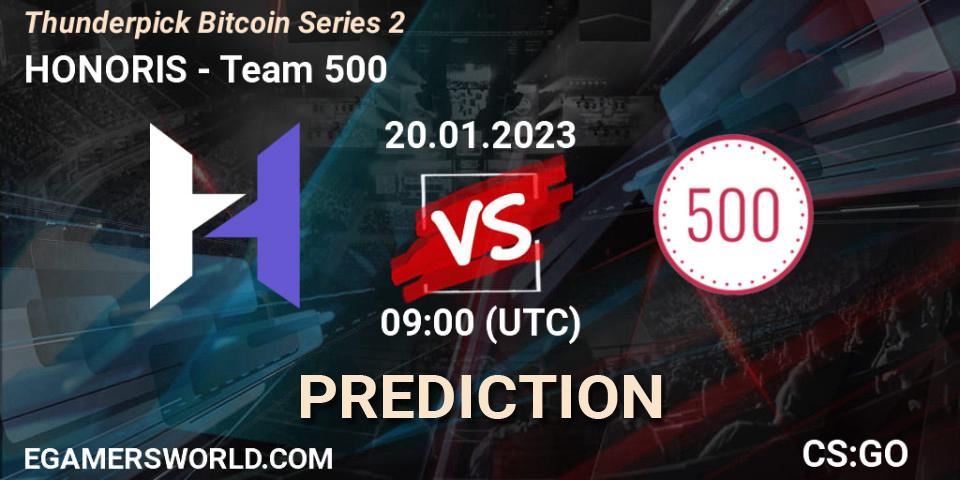 Pronósticos HONORIS - Team 500. 20.01.2023 at 09:00. Thunderpick Bitcoin Series 2 - Counter-Strike (CS2)