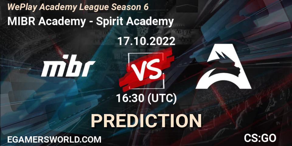Pronósticos MIBR Academy - Spirit Academy. 17.10.2022 at 15:50. WePlay Academy League Season 6 - Counter-Strike (CS2)