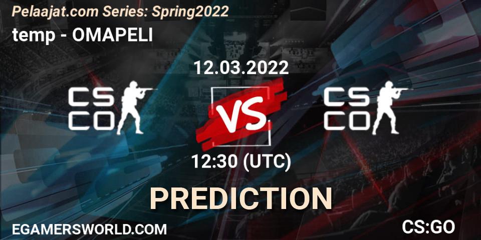 Pronósticos Team temp - OMAPELI. 12.03.2022 at 12:30. Pelaajat.com Series: Spring 2022 - Counter-Strike (CS2)