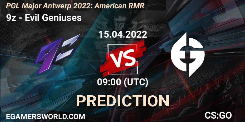 Pronósticos 9z - Evil Geniuses. 15.04.2022 at 09:00. PGL Major Antwerp 2022: American RMR - Counter-Strike (CS2)