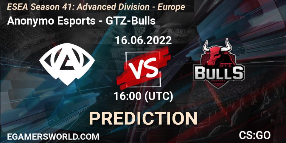 Pronósticos Anonymo Esports - GTZ-Bulls. 16.06.2022 at 16:00. ESEA Season 41: Advanced Division - Europe - Counter-Strike (CS2)