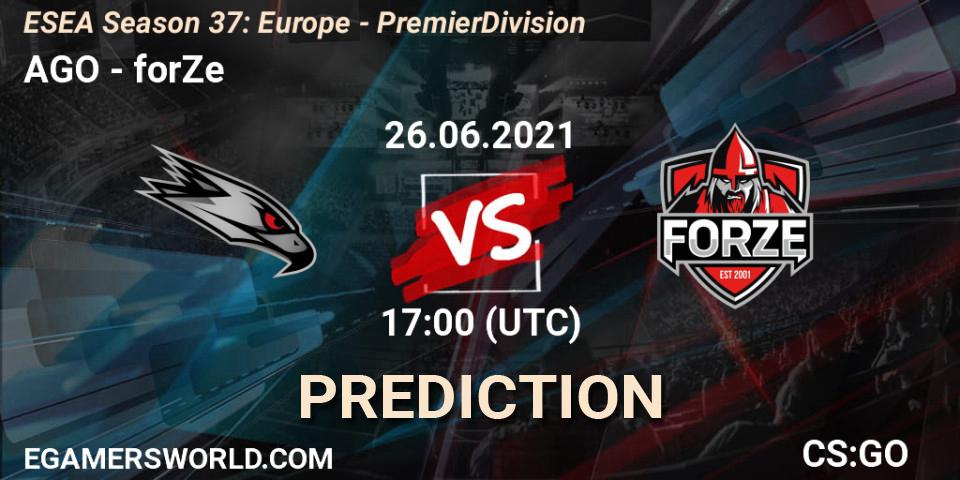 Pronósticos AGO - forZe. 26.06.2021 at 17:00. ESEA Season 37: Europe - Premier Division - Counter-Strike (CS2)