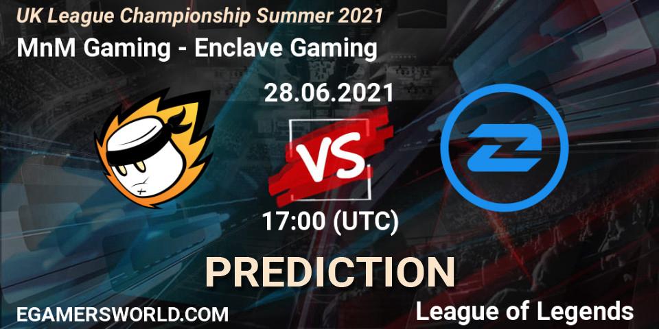Pronósticos MnM Gaming - Enclave Gaming. 28.06.2021 at 17:00. UK League Championship Summer 2021 - LoL