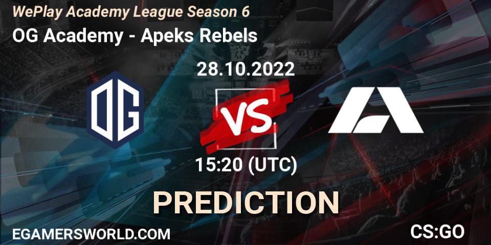 Pronósticos OG Academy - Apeks Rebels. 27.10.2022 at 16:30. WePlay Academy League Season 6 - Counter-Strike (CS2)