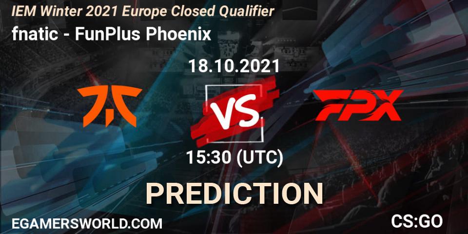 Pronósticos fnatic - FunPlus Phoenix. 18.10.2021 at 15:30. IEM Winter 2021 Europe Closed Qualifier - Counter-Strike (CS2)
