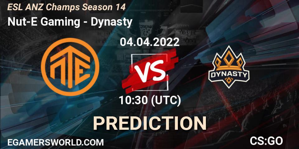 Pronósticos Nut-E Gaming - Dynasty. 04.04.2022 at 10:30. ESL ANZ Champs Season 14 - Counter-Strike (CS2)