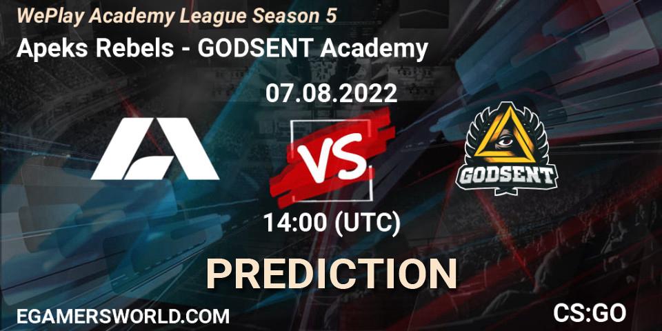 Pronósticos Apeks Rebels - GODSENT Academy. 26.07.2022 at 14:00. WePlay Academy League Season 5 - Counter-Strike (CS2)
