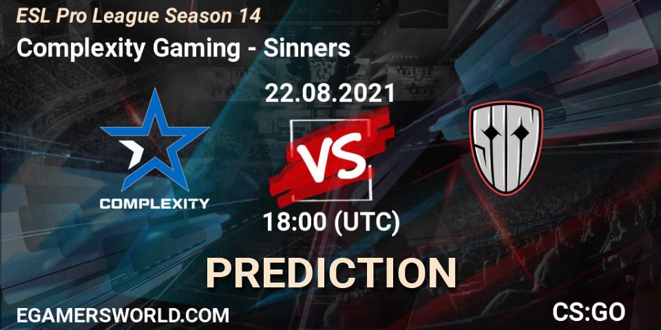 Pronósticos Complexity Gaming - Sinners. 22.08.2021 at 18:40. ESL Pro League Season 14 - Counter-Strike (CS2)