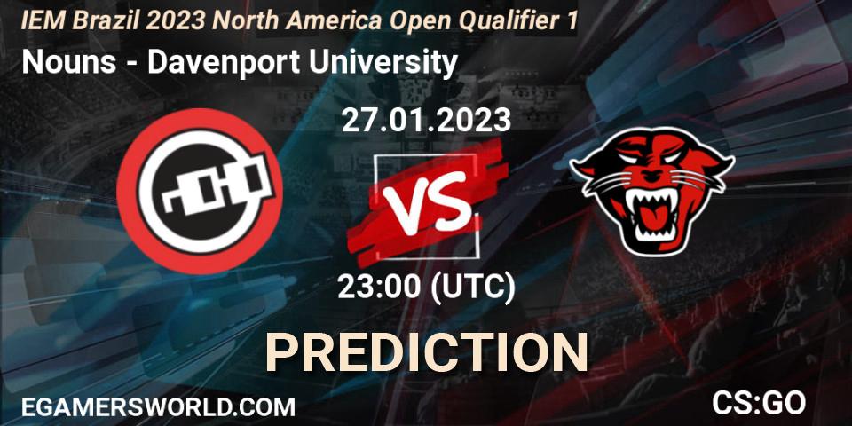 Pronósticos Nouns - Davenport University. 27.01.2023 at 23:00. IEM Brazil Rio 2023 North America Open Qualifier 1 - Counter-Strike (CS2)