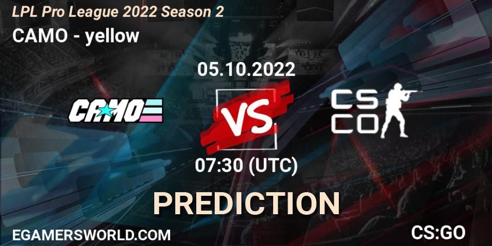 Pronósticos CAMO - yellow. 05.10.2022 at 07:45. LPL Pro League 2022 Season 2 - Counter-Strike (CS2)