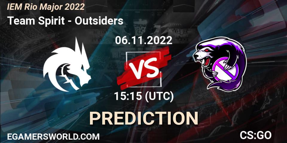 Pronósticos Team Spirit - Outsiders. 06.11.2022 at 15:40. IEM Rio Major 2022 - Counter-Strike (CS2)