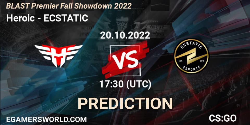 Pronósticos Heroic - ECSTATIC. 20.10.2022 at 18:40. BLAST Premier Fall Showdown 2022 Europe - Counter-Strike (CS2)