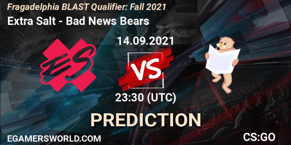 Pronósticos Extra Salt - Bad News Bears. 14.09.2021 at 23:30. Fragadelphia BLAST Qualifier: Fall 2021 - Counter-Strike (CS2)