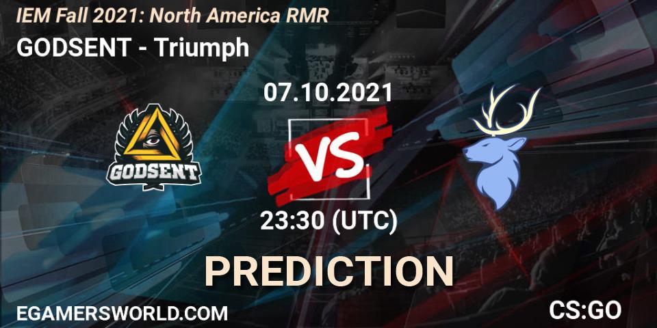 Pronósticos GODSENT - Triumph. 07.10.2021 at 23:30. IEM Fall 2021: North America RMR - Counter-Strike (CS2)